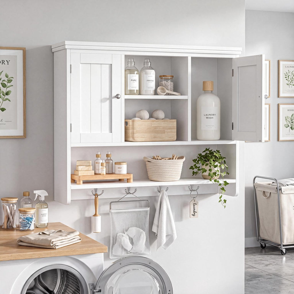 31.5"W 3-Tier Wall Mounted Bathroom Cabinet with Hooks O538565