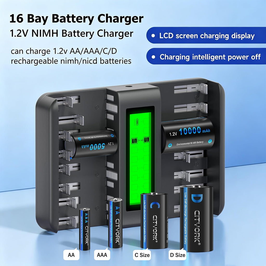 16 Bay AA AAA C D NiMH Battery Charger with LCD Display P304