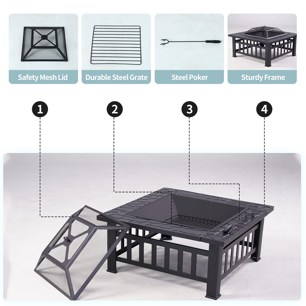 32" Square Wood Burning Fire Pit with Poker and Cover G243