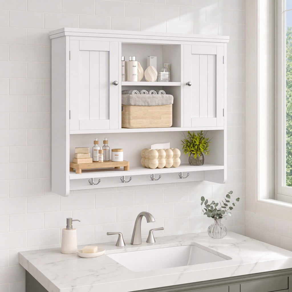 31.5"W 3-Tier Wall Mounted Bathroom Cabinet with Hooks O538565