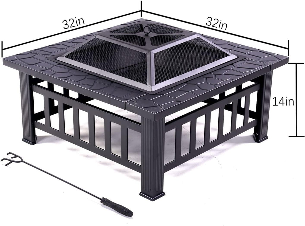 32" Square Wood Burning Fire Pit with Poker and Cover G243