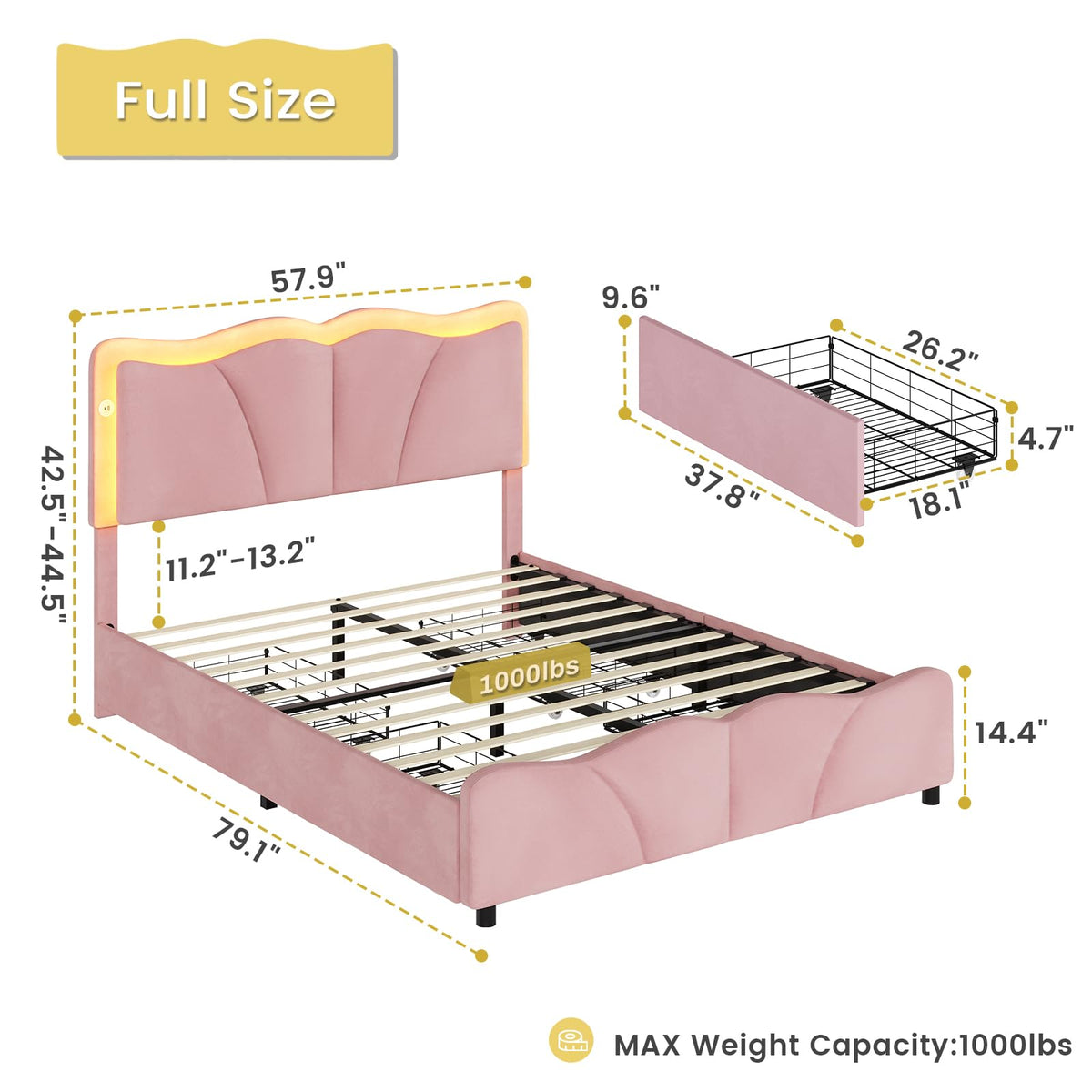 Pink Velvet Upholstered Platform Bed Frame with 4 Storage Drawers D5557