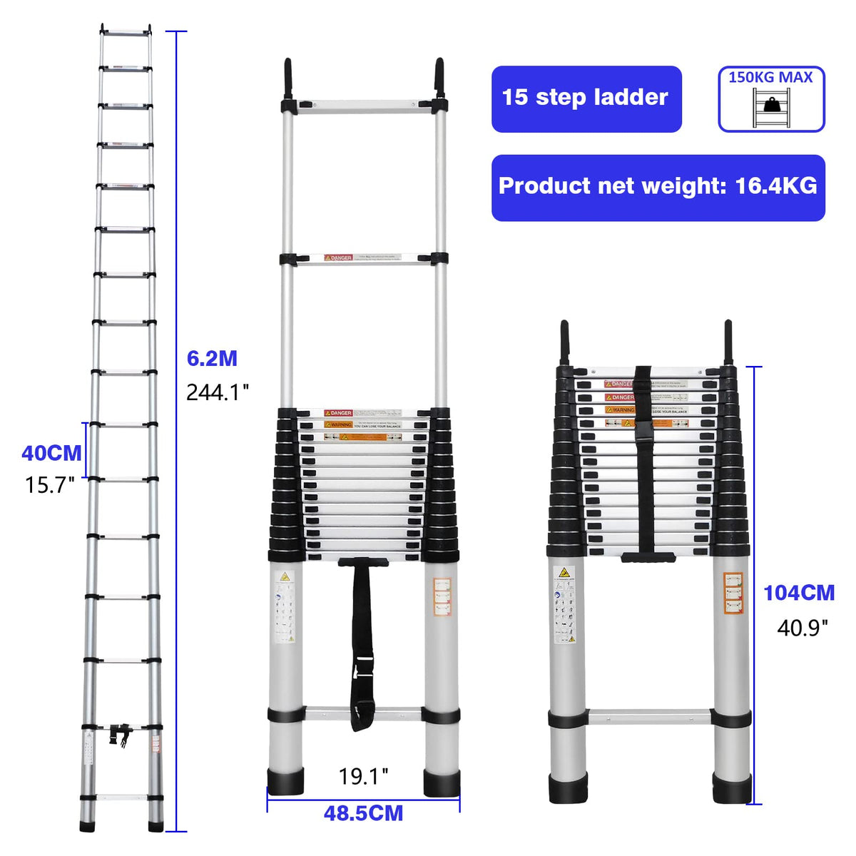 20FT Aluminum Telescoping Ladder with Roof Hooks, 330lbs Capacity S753600