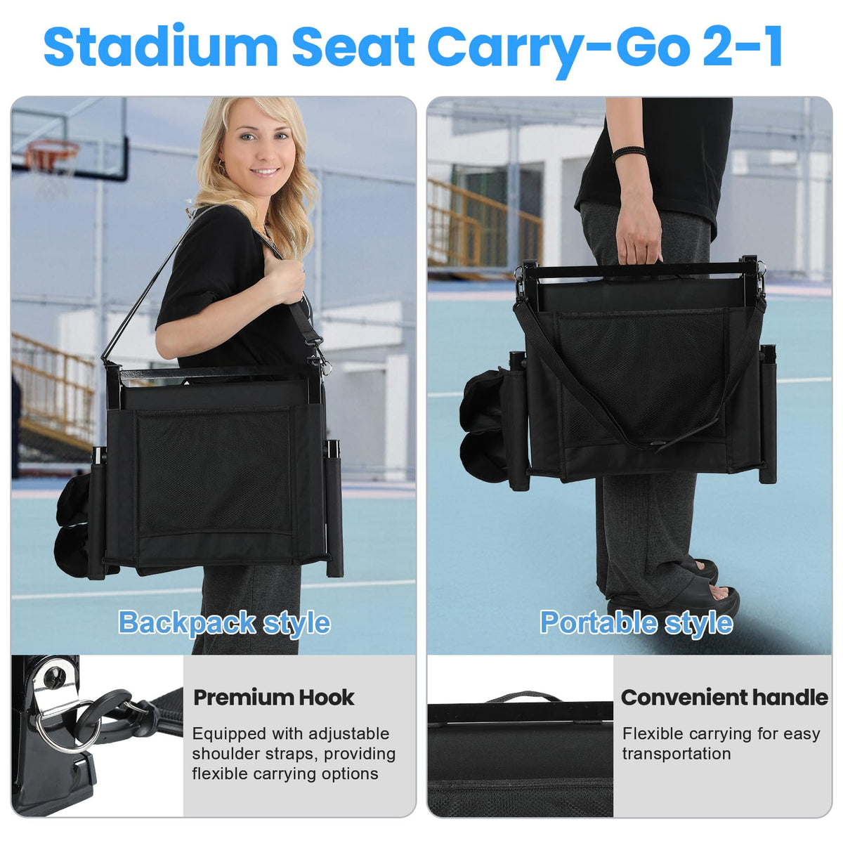 2 Pcs Black Folding Stadium Seats with Back Support and Cup Holder P86205