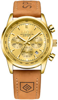 Gold-Tone Quartz Chronograph Watch Brown Leather Strap X6395