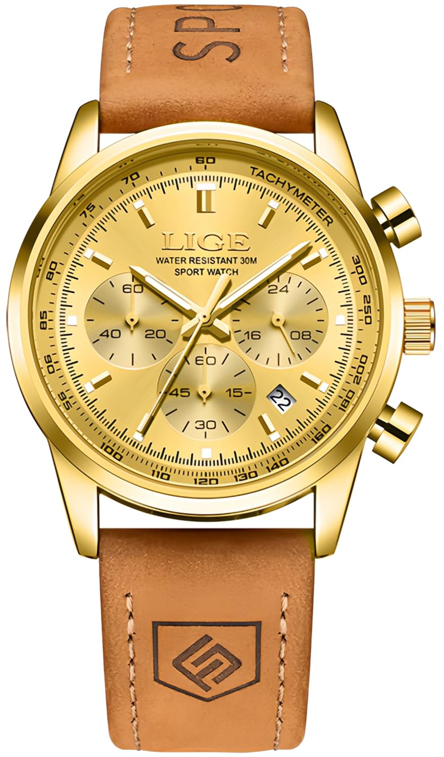 Gold-Tone Quartz Chronograph Watch Brown Leather Strap X6395