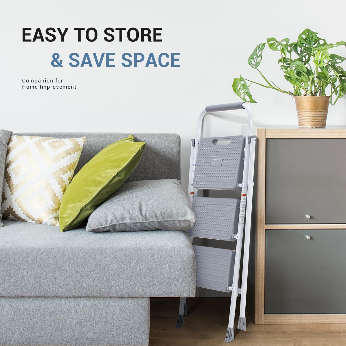 3 Step Ladder with Anti-Slip Pedal and Handrail, 800lbs, Grey Y44836