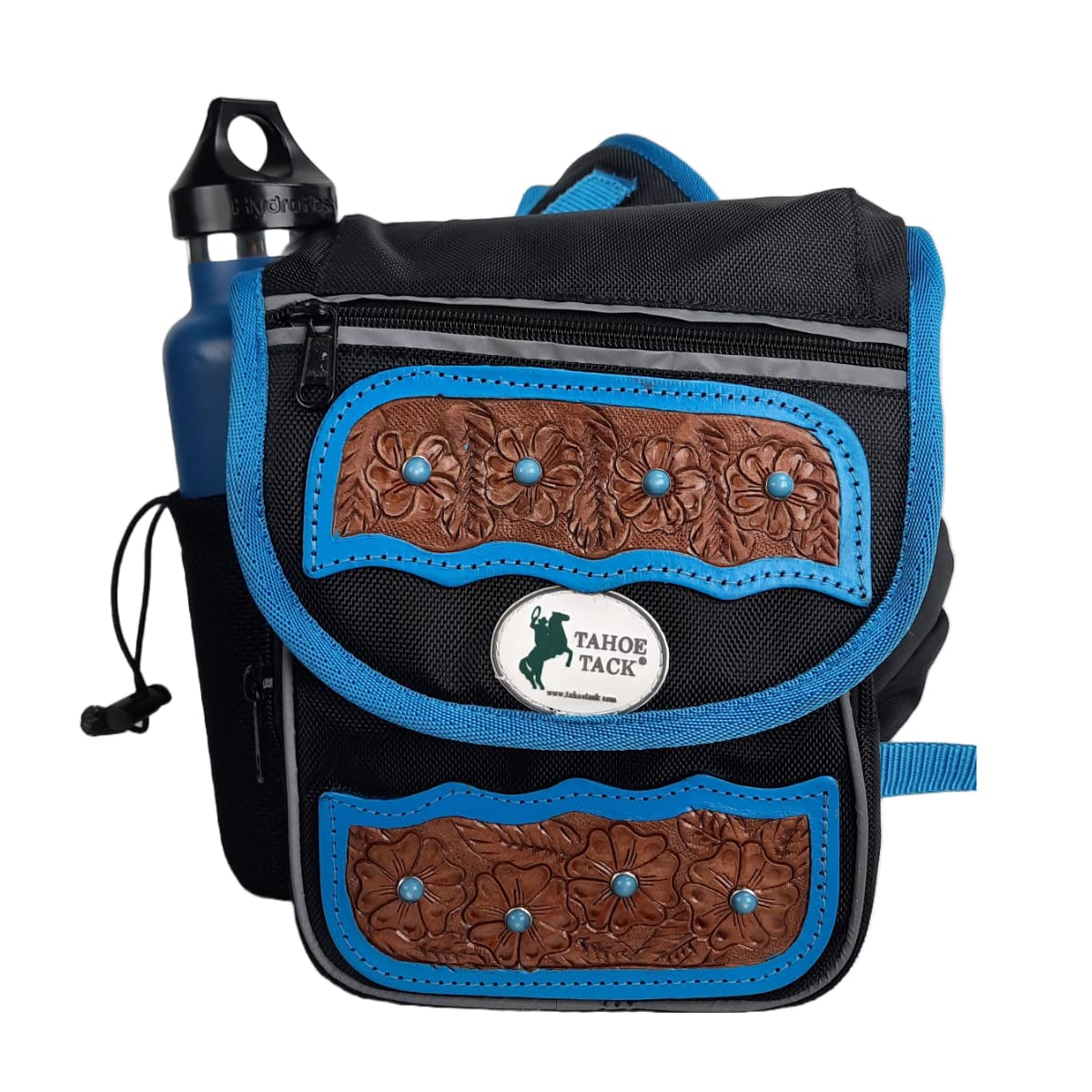 Turquoise Flower 1680D Nylon Western Horn Storage Bag with Hand Tooled Leather Accents E4331