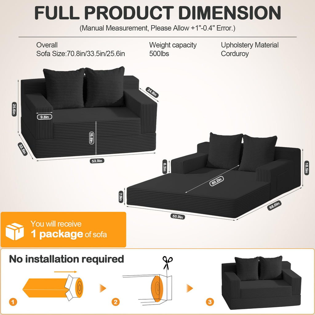 Convertible Folding Floor Futon Sleeper Sofa Bed with 2 Pillows I155630