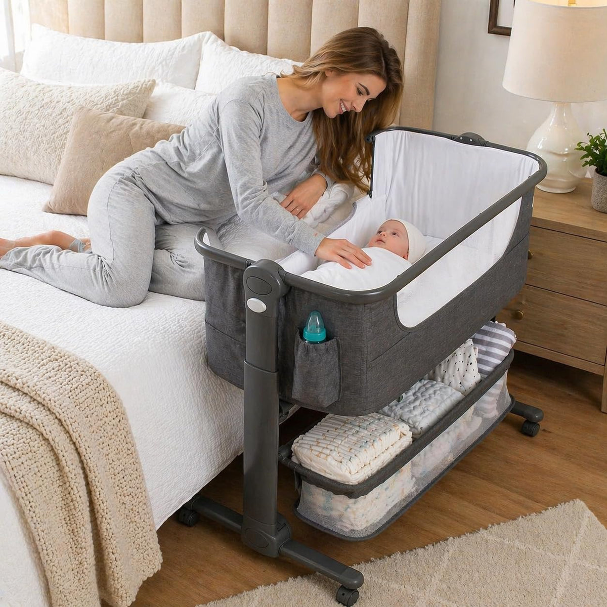Baby Bassinet Bedside Sleeper Portable Crib with Storage Basket L51802