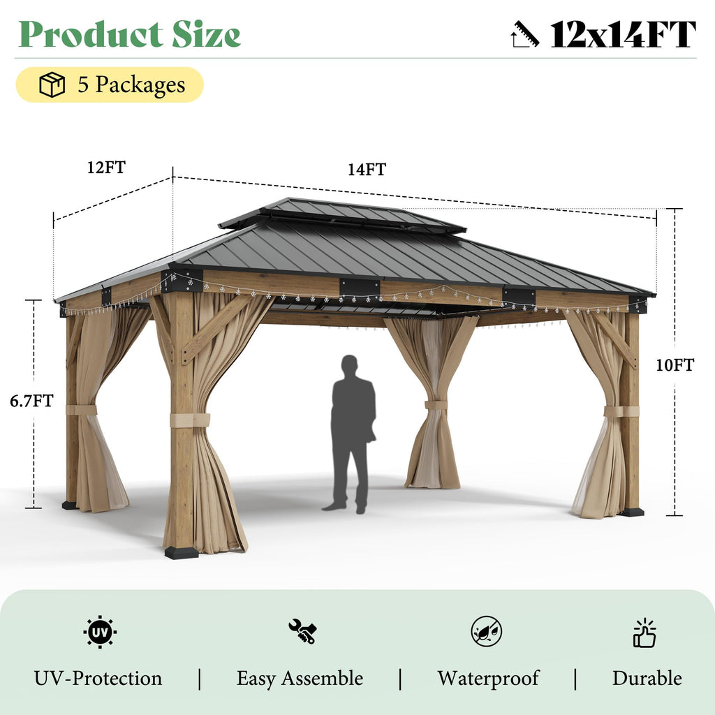 12x14FT Hardtop Gazebo with Double Roof, Privacy Curtain & Netting N9110