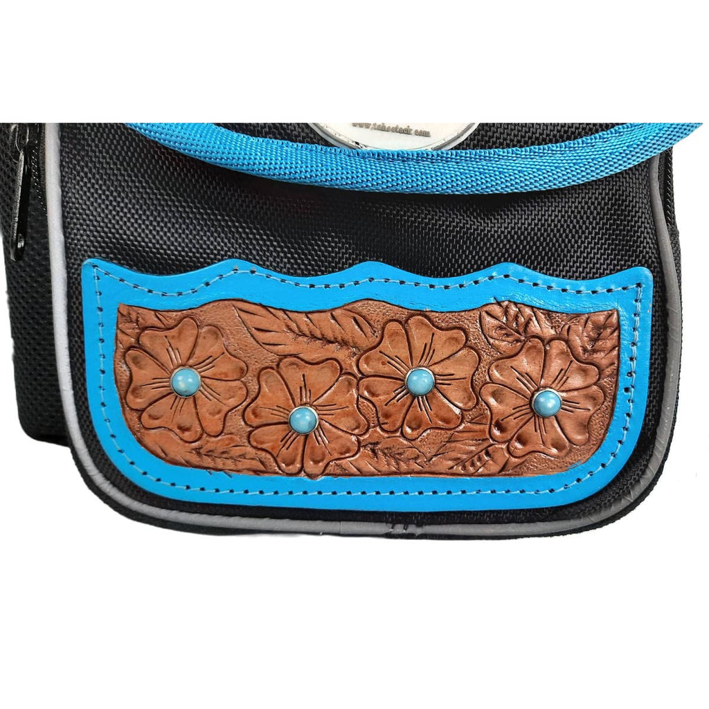 Turquoise Flower 1680D Nylon Western Horn Storage Bag with Hand Tooled Leather Accents E4331