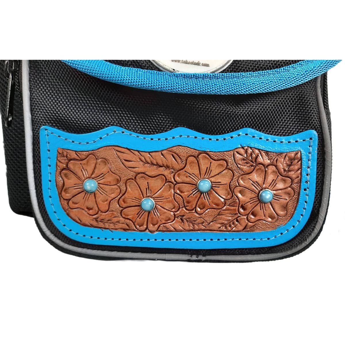 Turquoise Flower 1680D Nylon Western Horn Storage Bag with Hand Tooled Leather Accents E4331
