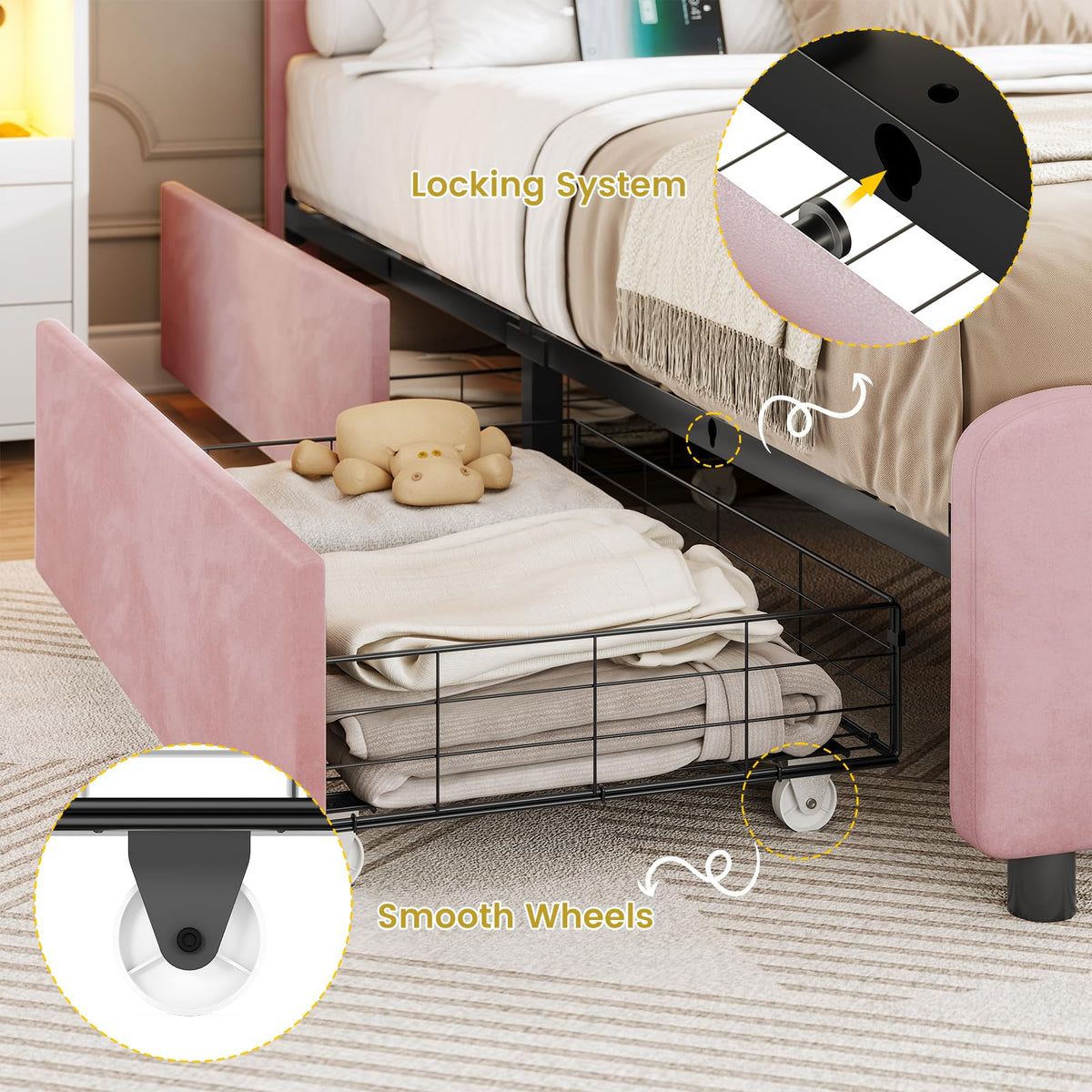 Pink Velvet Upholstered Platform Bed Frame with 4 Storage Drawers D5557