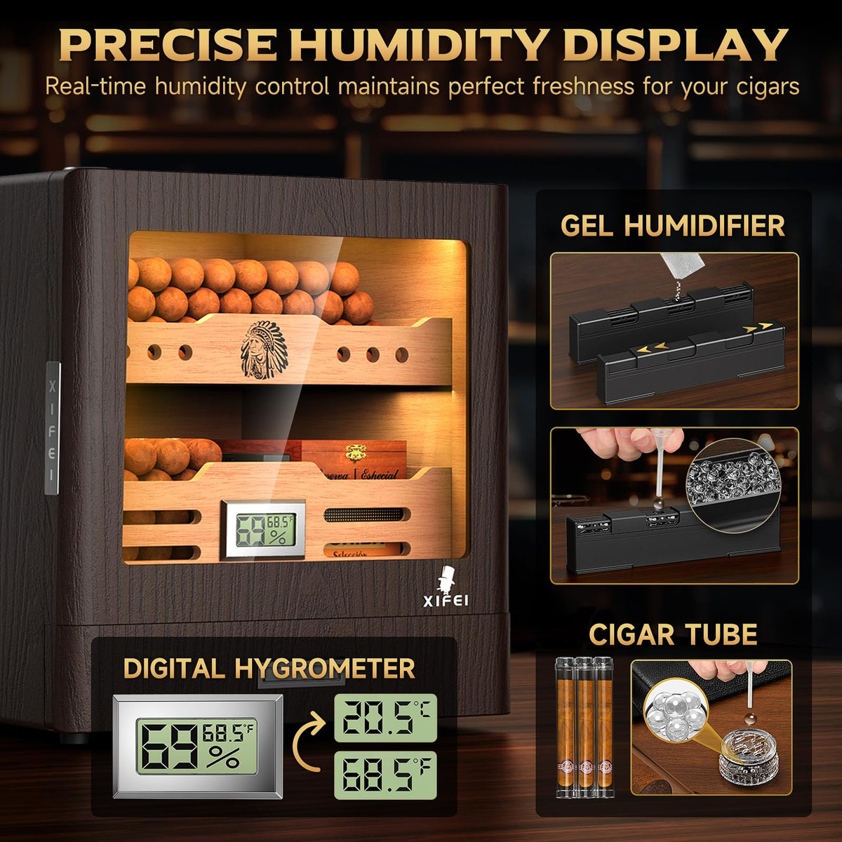 Cigar Humidor Cabinet with Digital Hygrometer and 2 Humidifiers Q86449