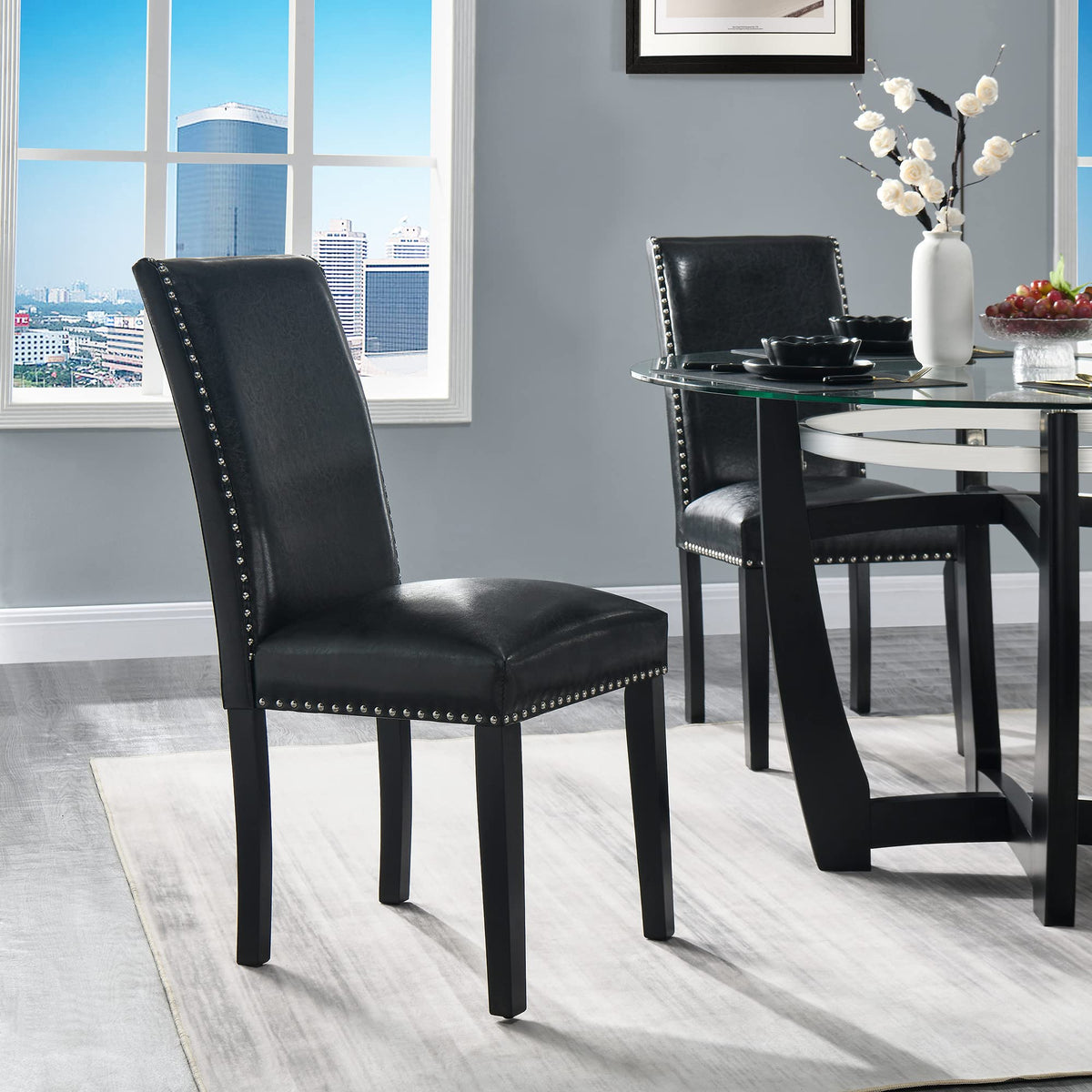 Black Faux Leather Dining Chairs Set of 4 with Wood Legs B62537