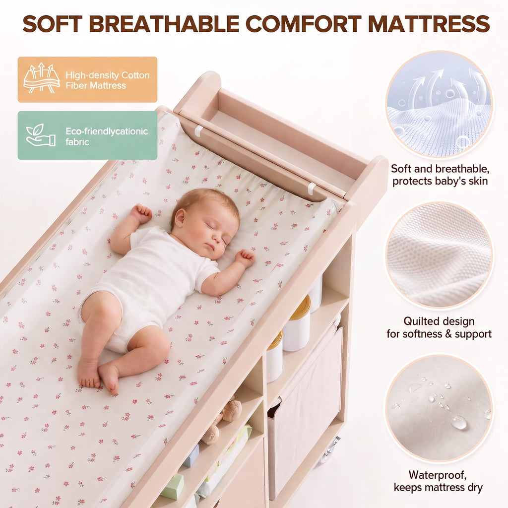 Beige Baby Changing Table Dresser with Drawers W270
