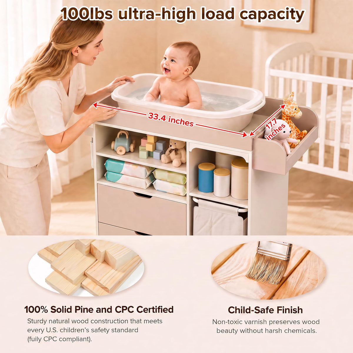 Beige Baby Changing Table Dresser with Drawers W270