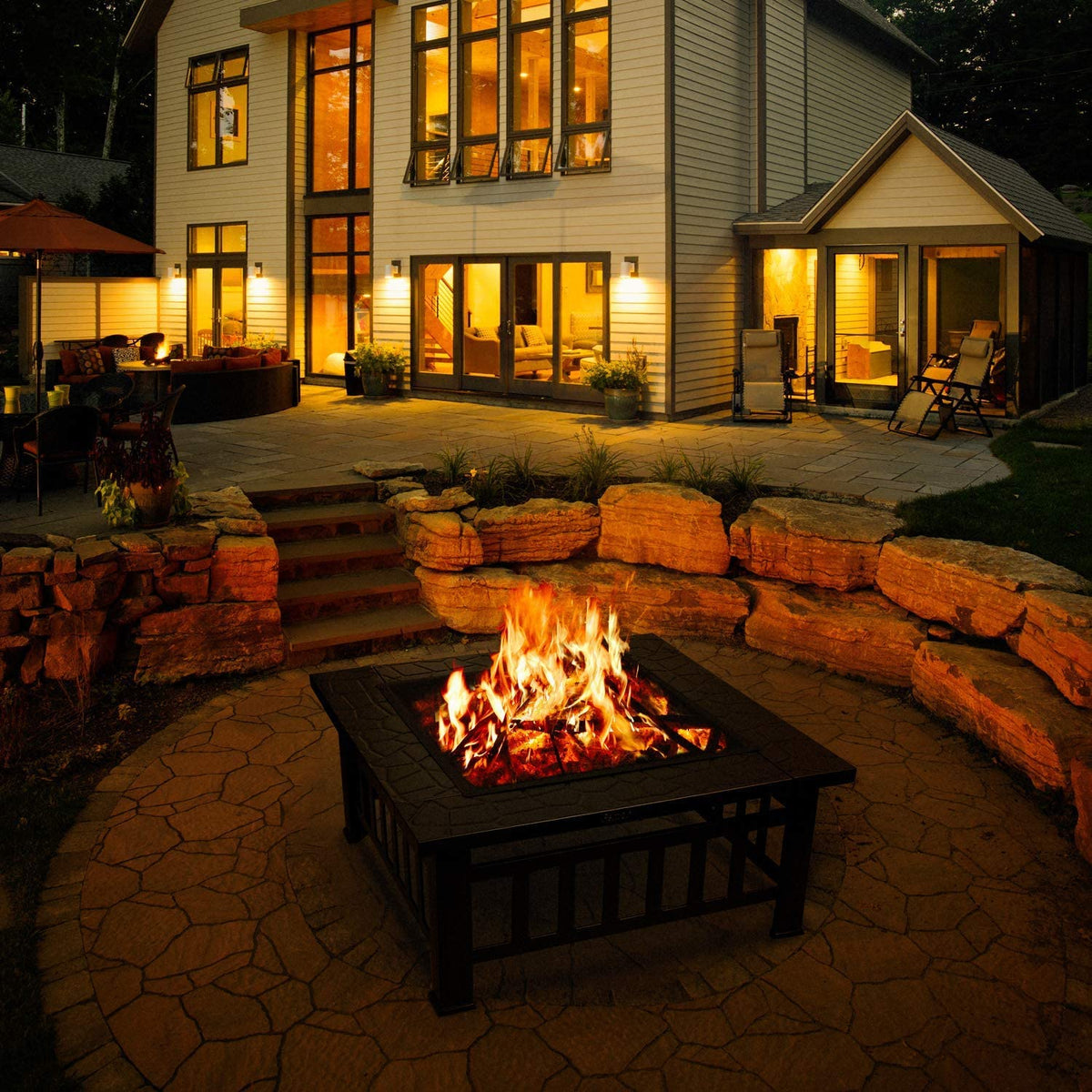 32" Square Wood Burning Fire Pit with Poker and Cover G243