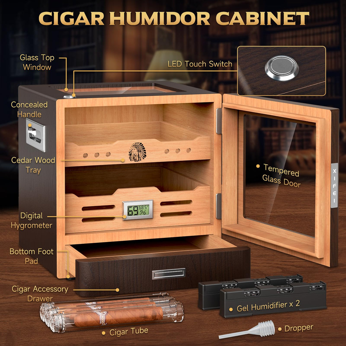 Cigar Humidor Cabinet with Digital Hygrometer and 2 Humidifiers Q86449