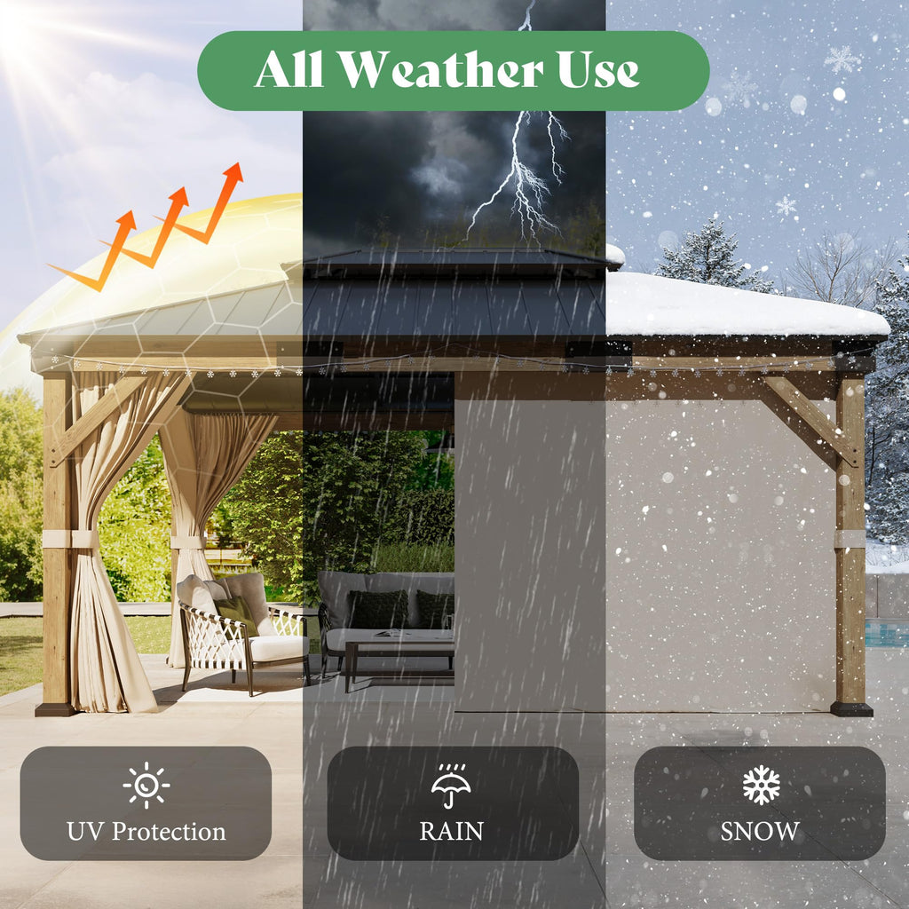12x14FT Hardtop Gazebo with Double Roof, Privacy Curtain & Netting N9110