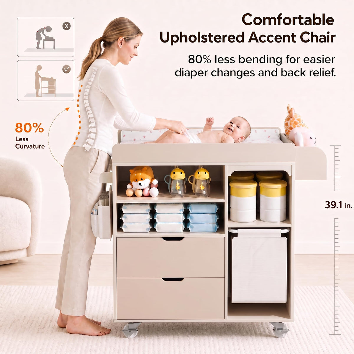 Beige Baby Changing Table Dresser with Drawers W270