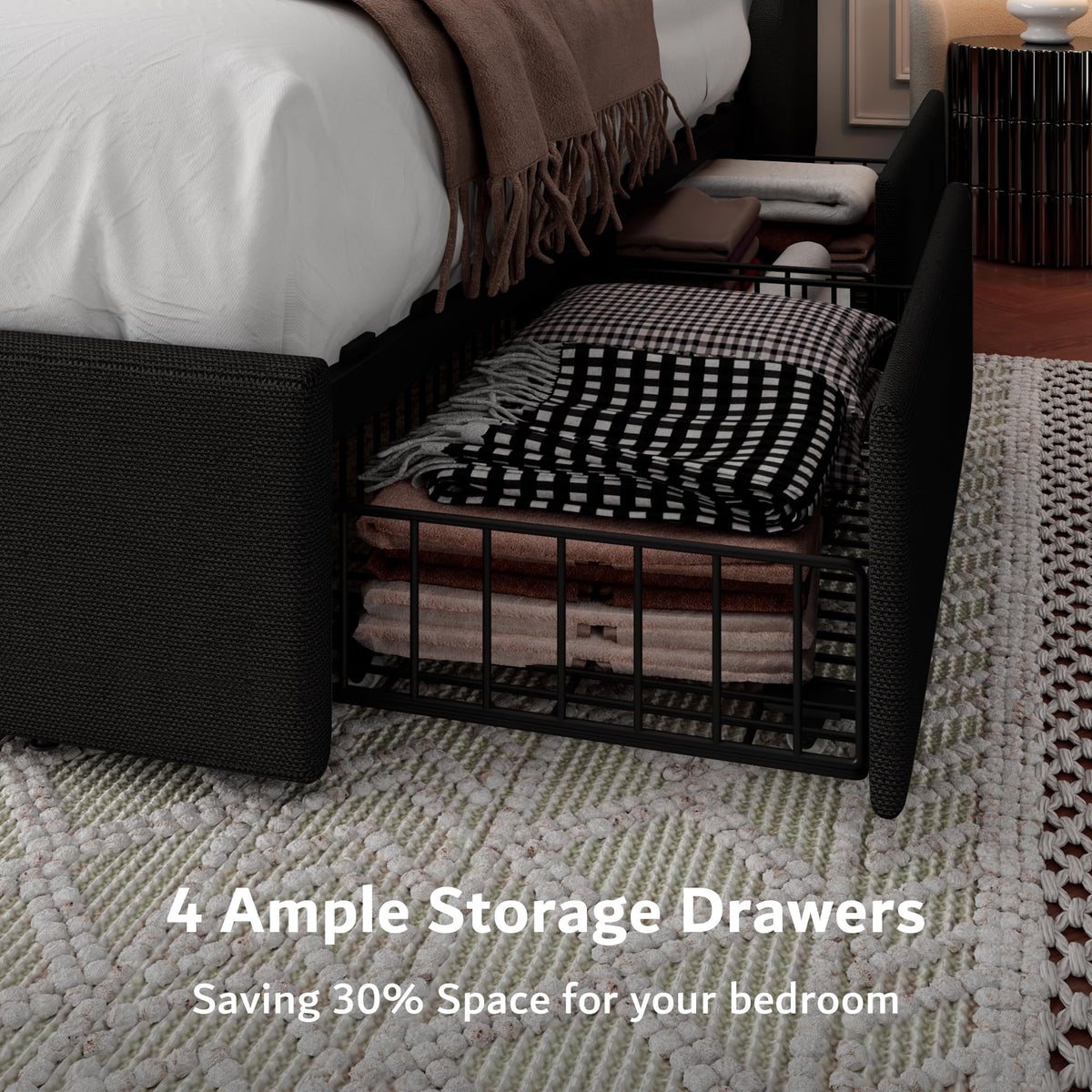 Black Queen Upholstered Platform Bed Frame with 4 Storage Drawers X3859