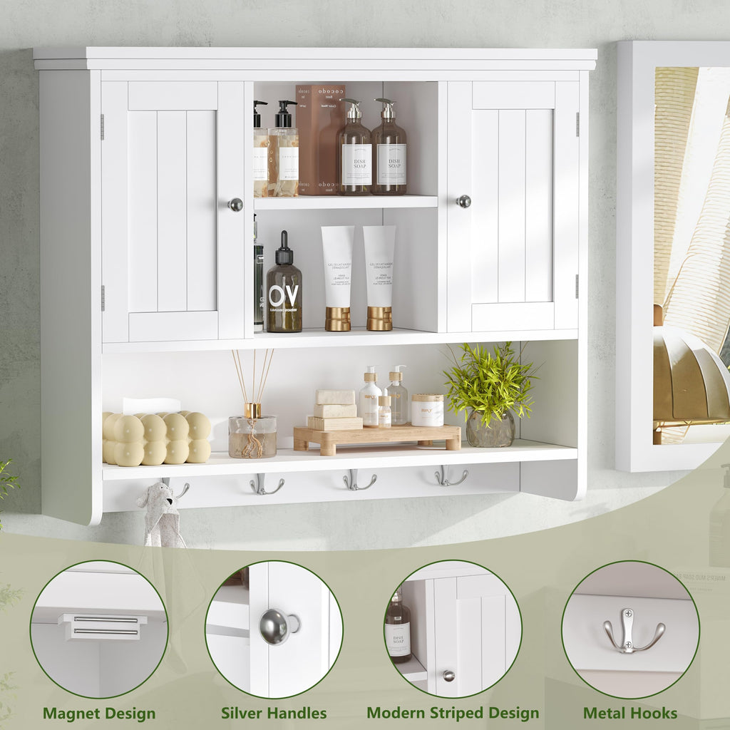 31.5"W 3-Tier Wall Mounted Bathroom Cabinet with Hooks O538565