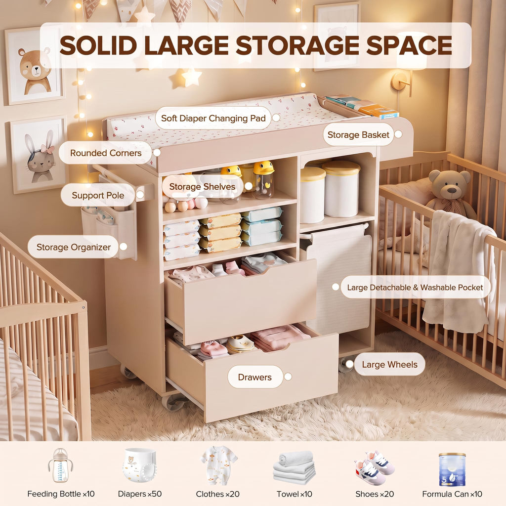 Beige Baby Changing Table Dresser with Drawers W270