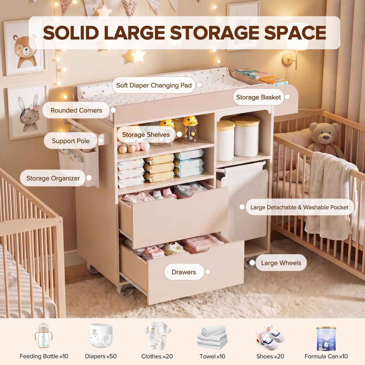 Beige Baby Changing Table Dresser with Drawers W270