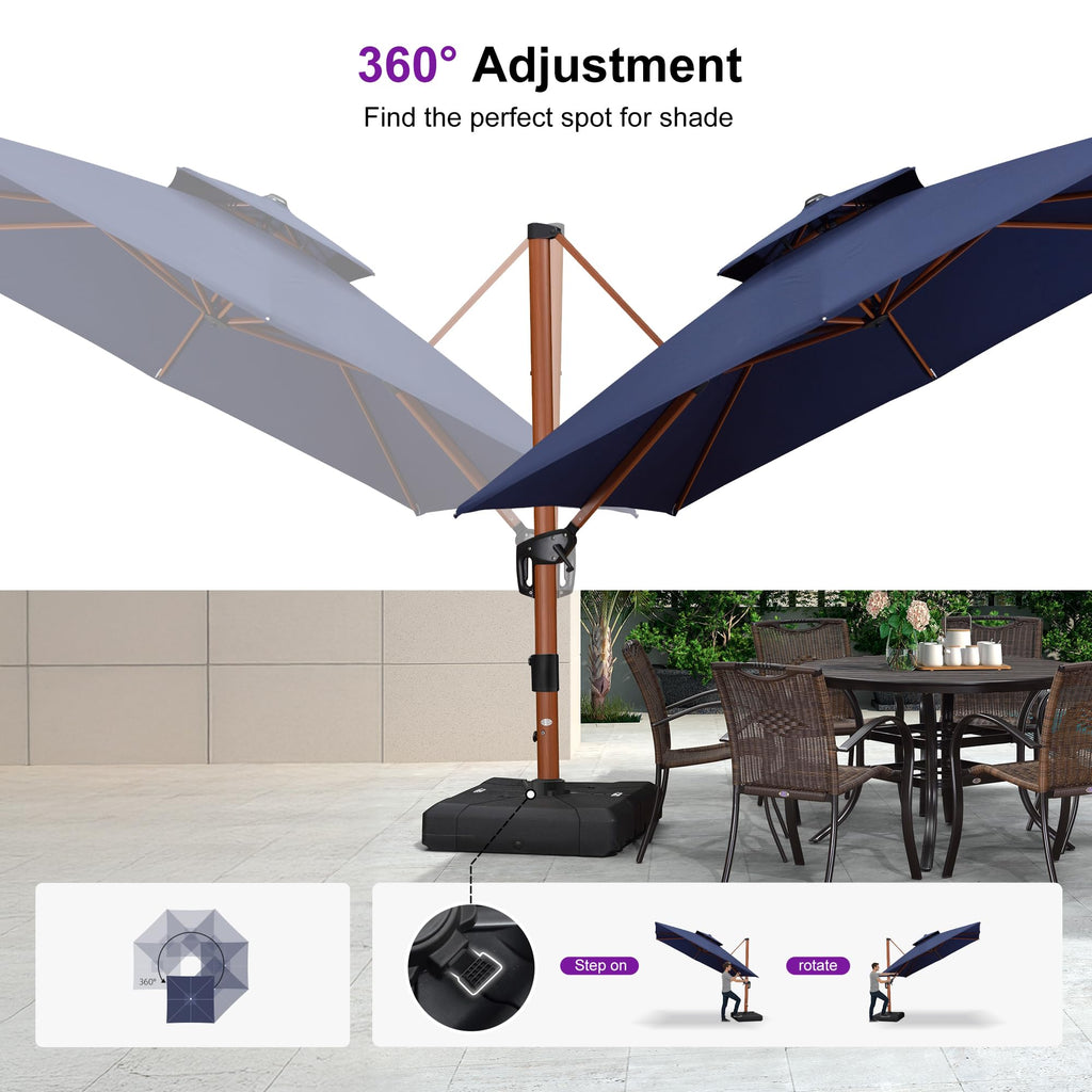 10ft Double Top Wood-Grain Finish Navy Blue Patio Umbrella G73140