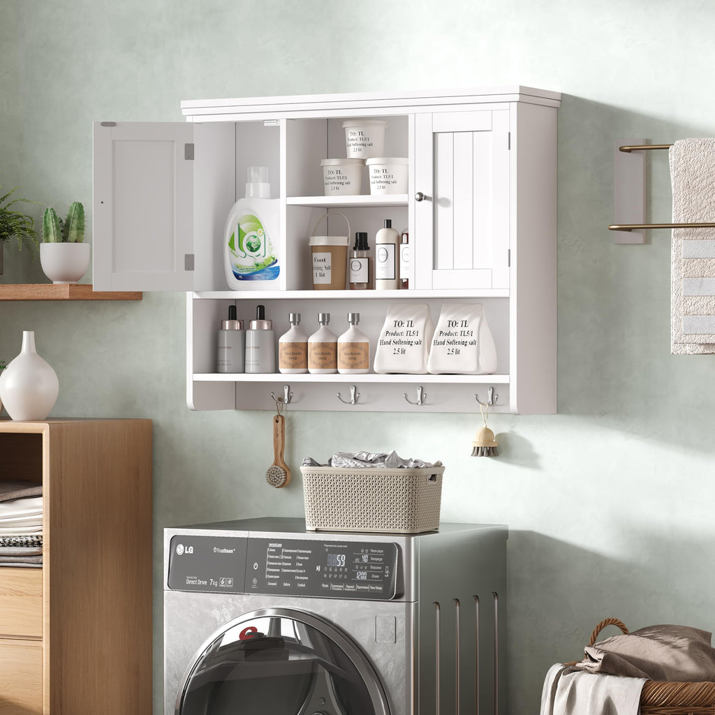 31.5"W 3-Tier Wall Mounted Bathroom Cabinet with Hooks O538565