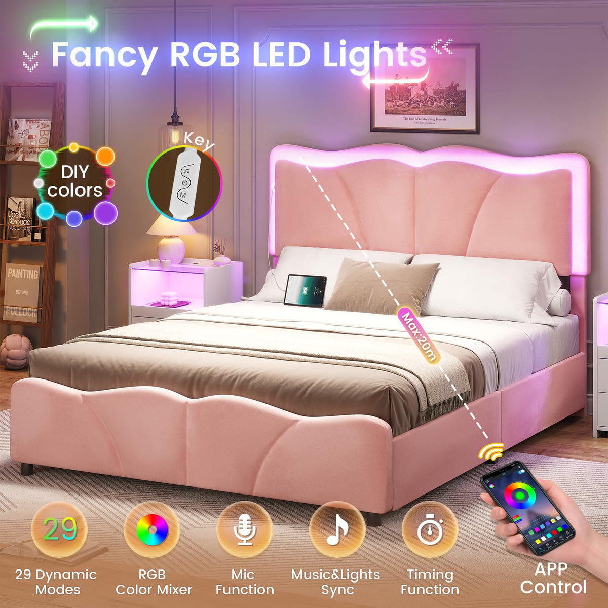 Pink Velvet Upholstered Platform Bed Frame with 4 Storage Drawers D5557