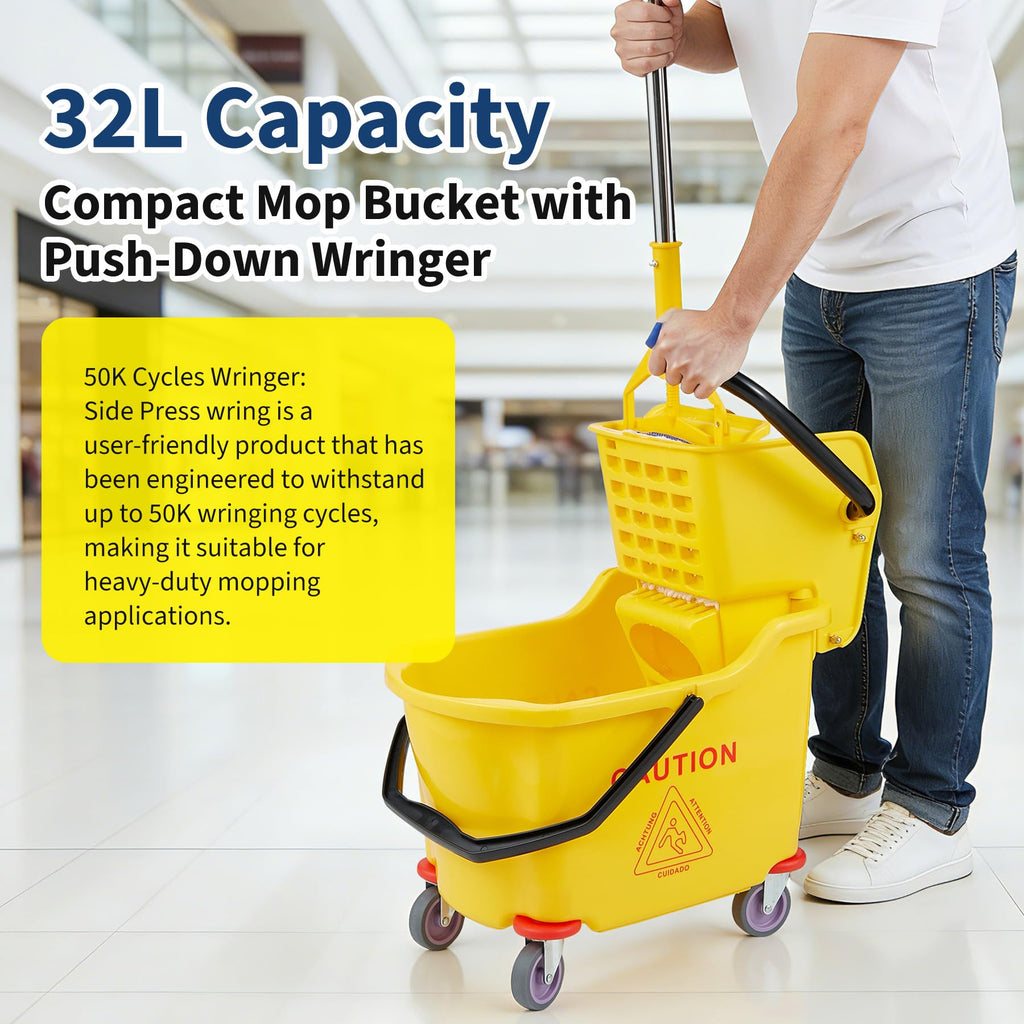 Yellow 35 Quart Commercial Mop Bucket with Side Press Wringer on Wheels V4502