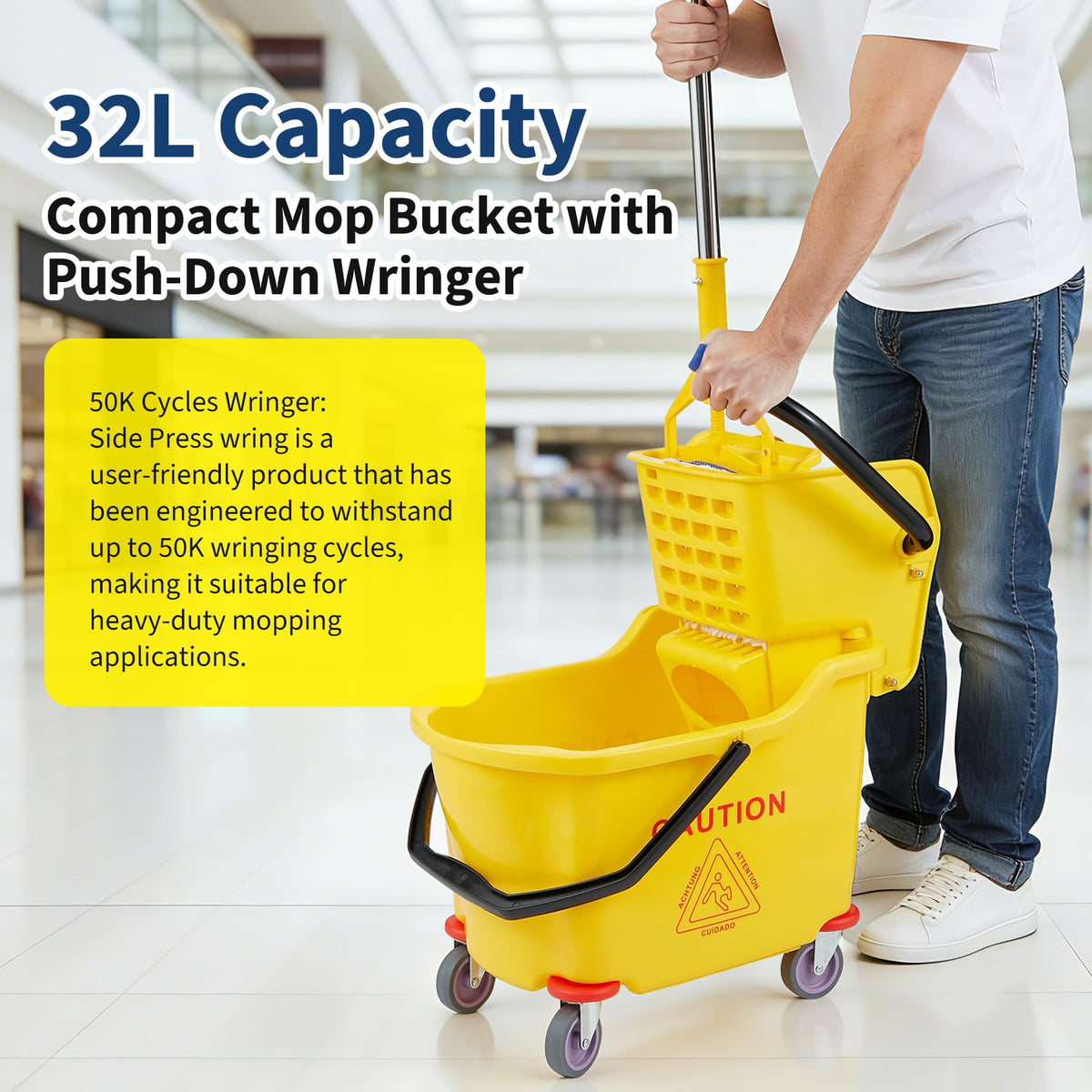 Yellow 35 Quart Commercial Mop Bucket with Side Press Wringer on Wheels V4502