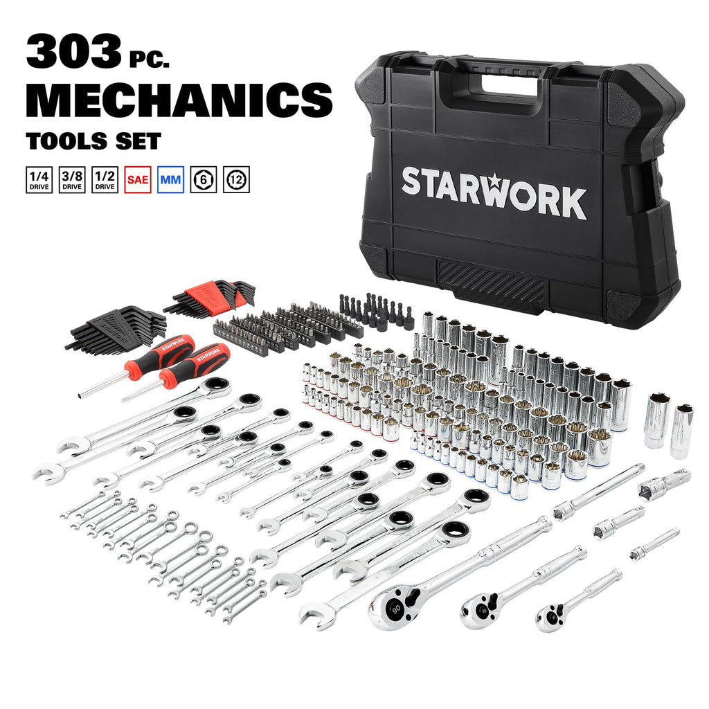 303-Piece Mechanics Tool Set and Socket Set, 1/4", 3/8", 1/2" Drive, SAE/Metric J190