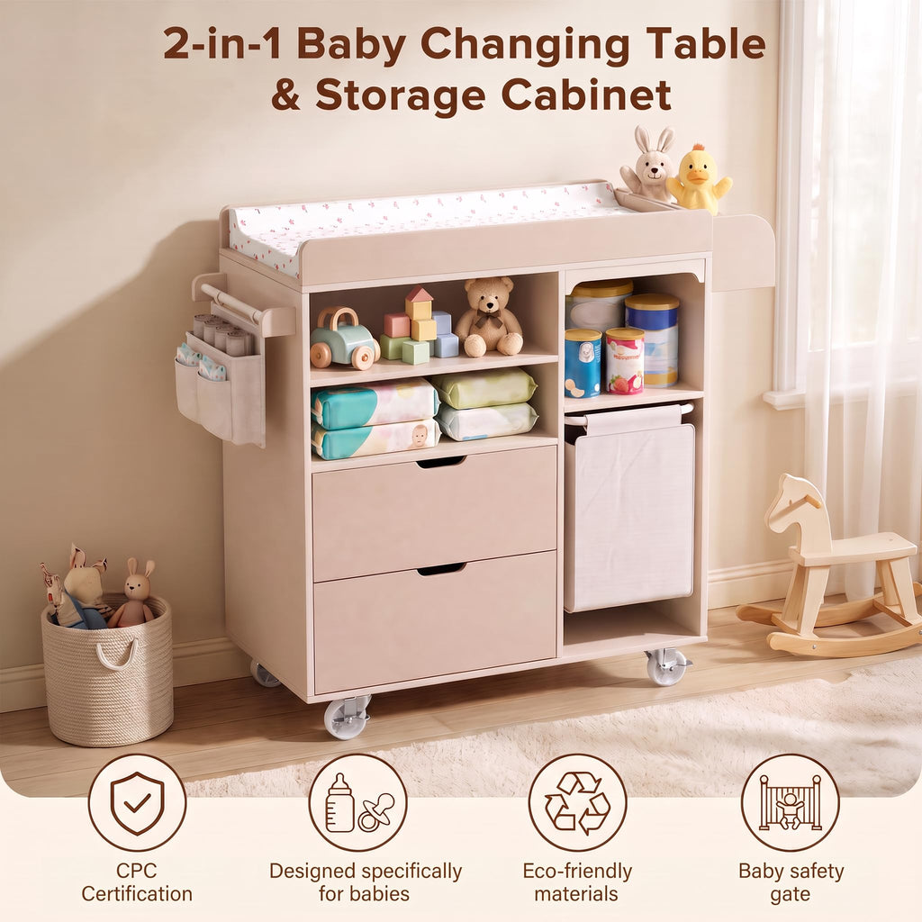 Beige Baby Changing Table Dresser with Drawers W270