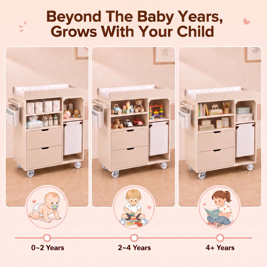 Beige Baby Changing Table Dresser with Drawers W270