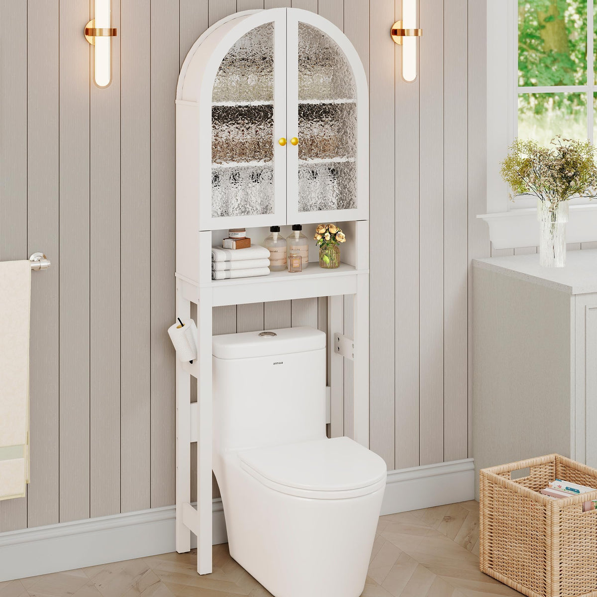 White Over The Toilet Storage Cabinet with Acrylic Doors and Adjustable Shelf I1180