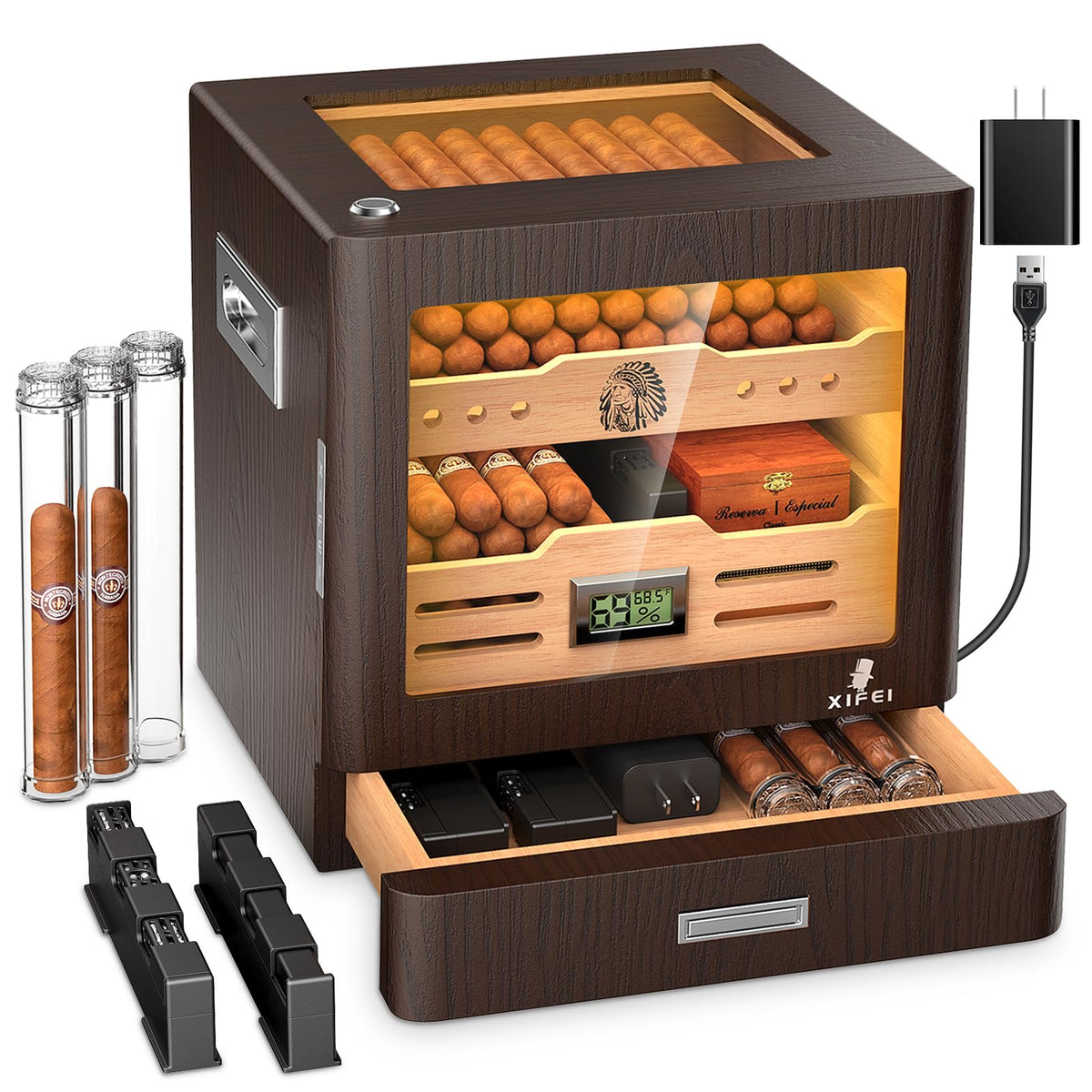 Cigar Humidor Cabinet with Digital Hygrometer and 2 Humidifiers Q86449