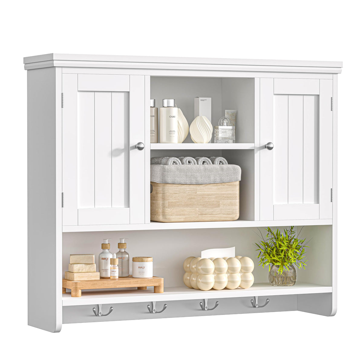 31.5"W 3-Tier Wall Mounted Bathroom Cabinet with Hooks O538565