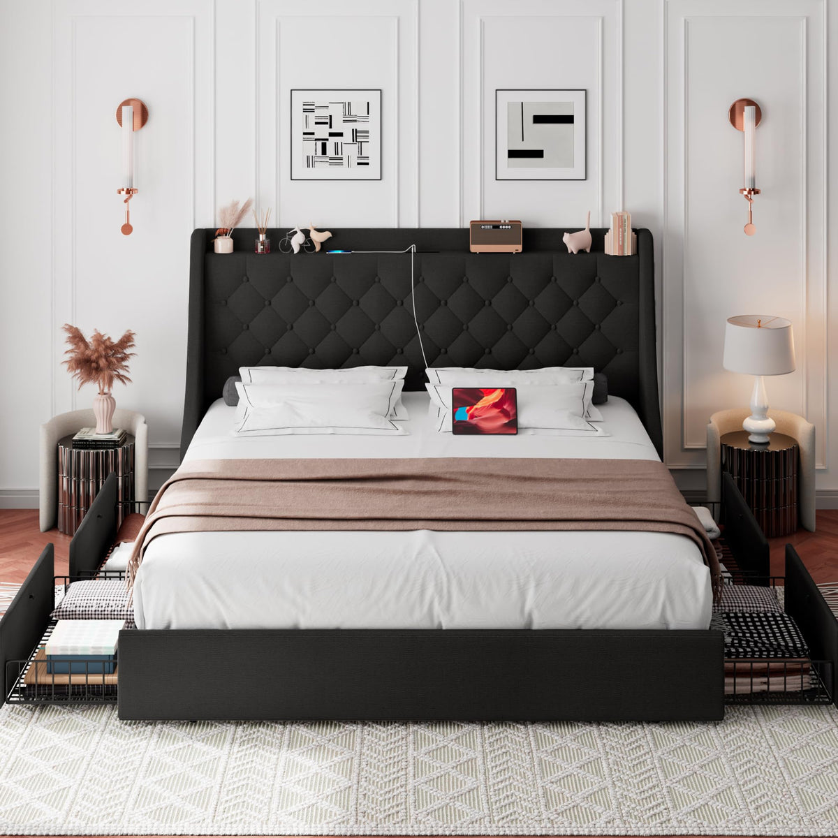 Black Queen Upholstered Platform Bed Frame with 4 Storage Drawers X3859