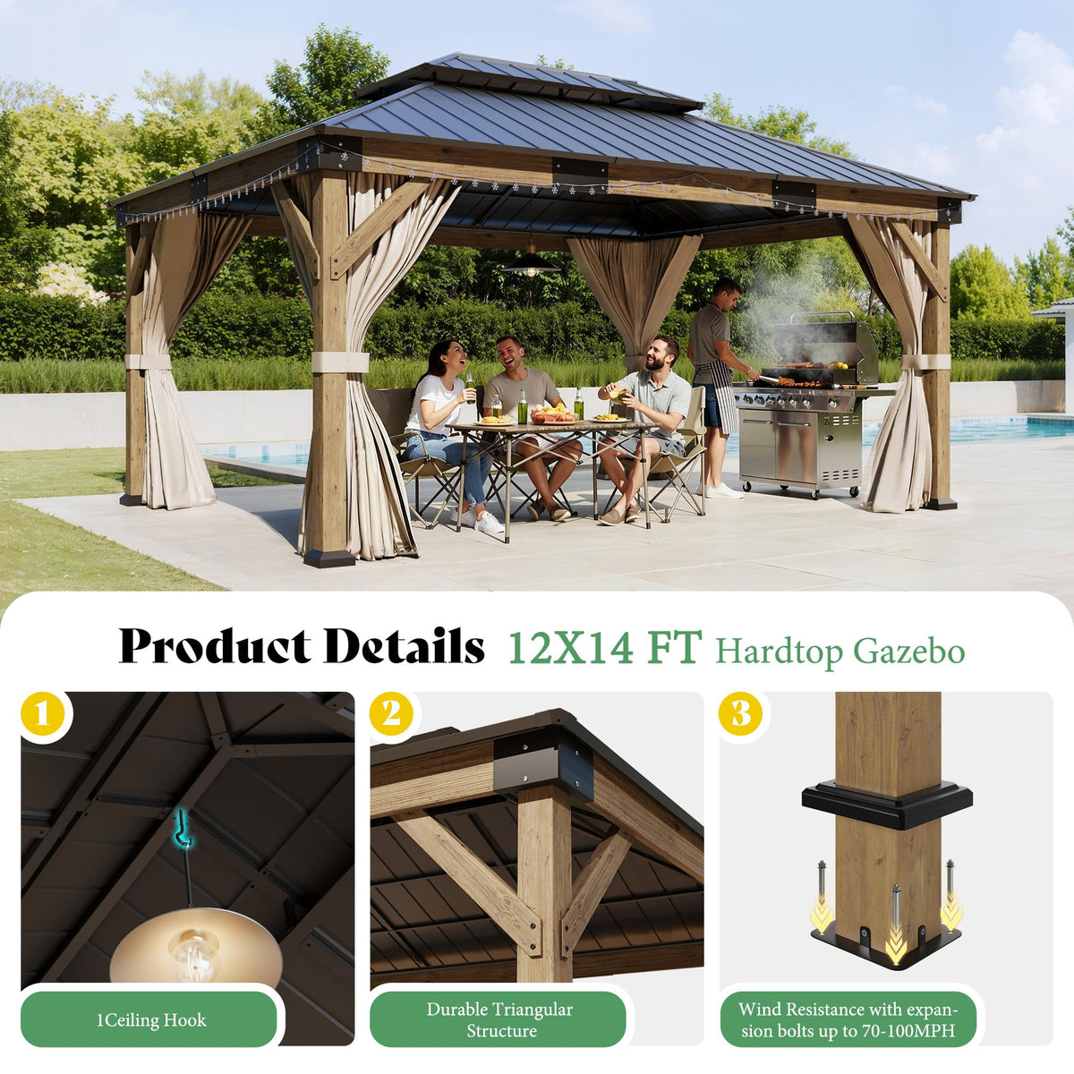12x14FT Hardtop Gazebo with Double Roof, Privacy Curtain & Netting N9110