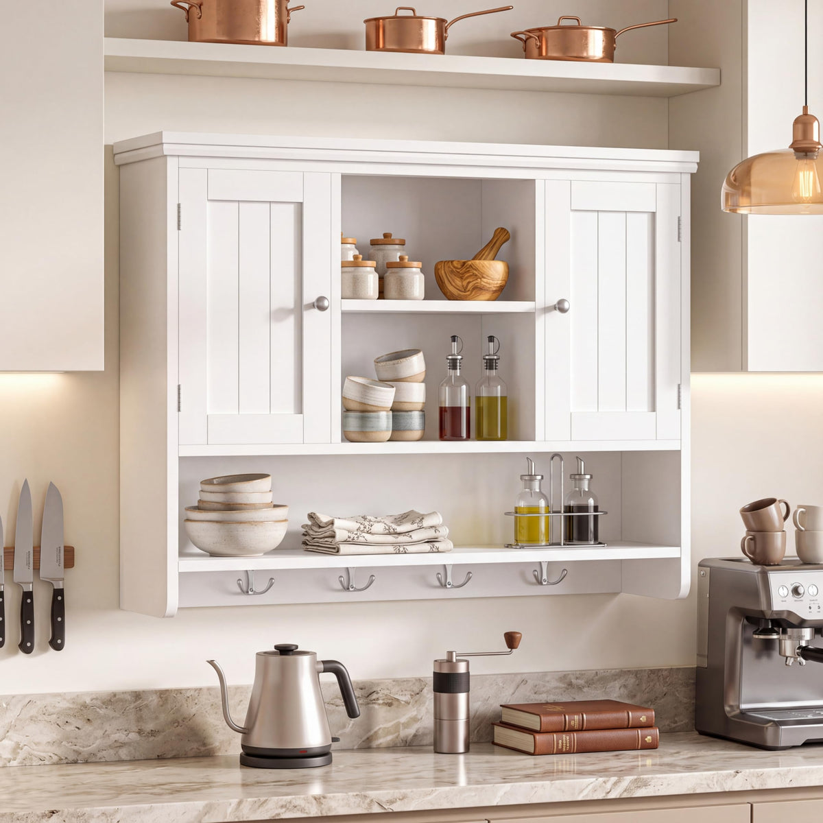 31.5"W 3-Tier Wall Mounted Bathroom Cabinet with Hooks O538565