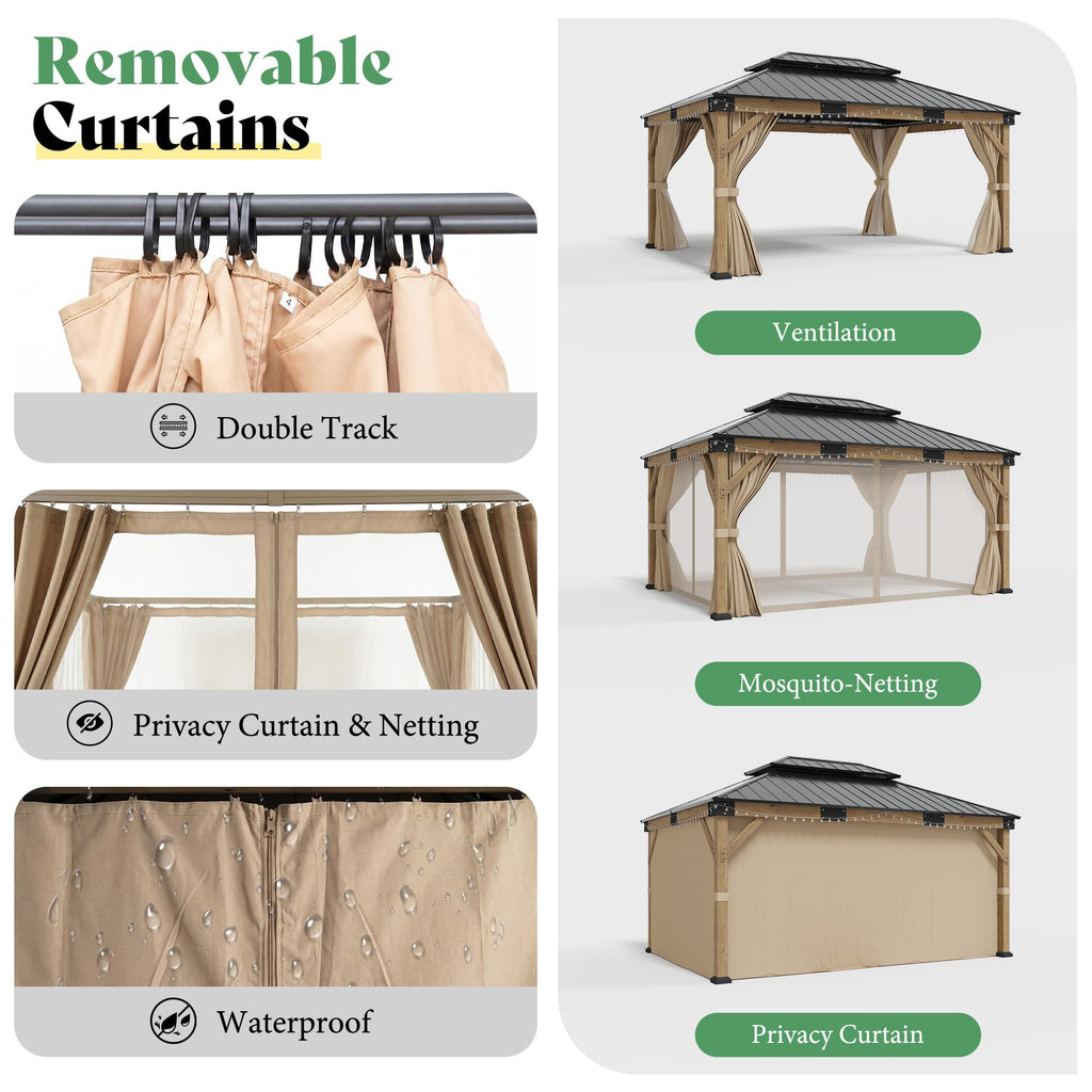 12x14FT Hardtop Gazebo with Double Roof, Privacy Curtain & Netting N9110