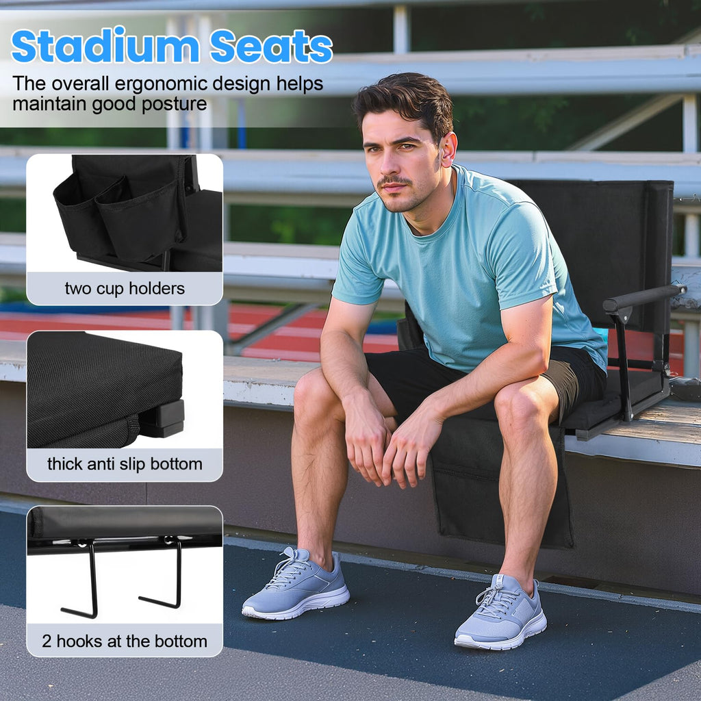 2 Pcs Black Folding Stadium Seats with Back Support and Cup Holder P86205