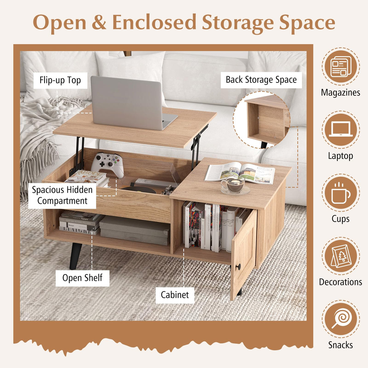 Lift Top Coffee Table with Storage and Hidden Compartment Z489