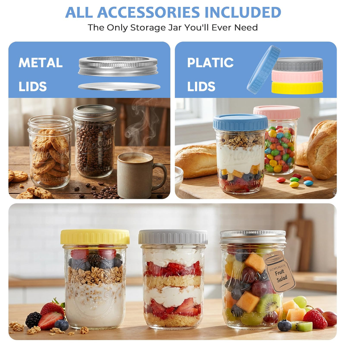 16oz 6-Pack Wide Mouth Glass Mason Jars with Airtight Lids E453