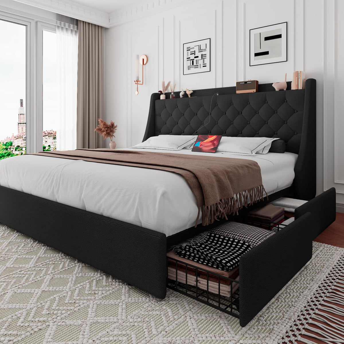 Black Queen Upholstered Platform Bed Frame with 4 Storage Drawers X3859