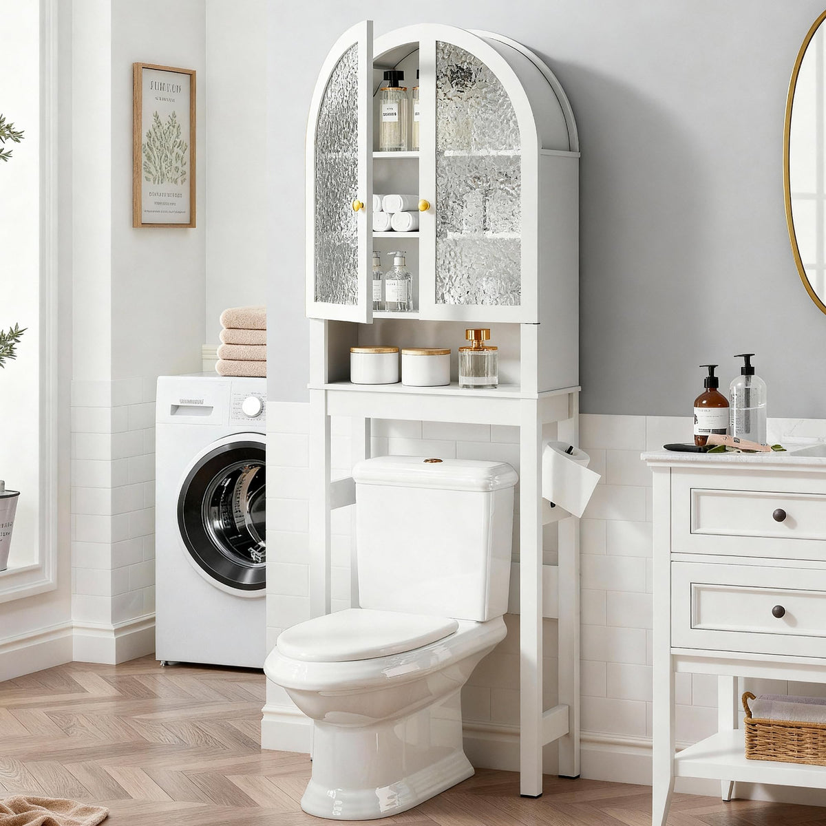 White Over The Toilet Storage Cabinet with Acrylic Doors and Adjustable Shelf I1180